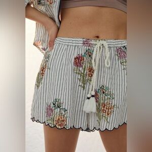 Anthropologie Ella Striped Floral Pajama Shorts XS Scalloped Hem Lounge Boxers